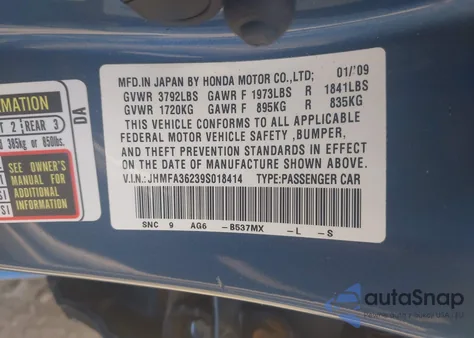 2009 Honda Civic Hybrid z USA, uszkodzony, nr VIN JHMFA36239S018414